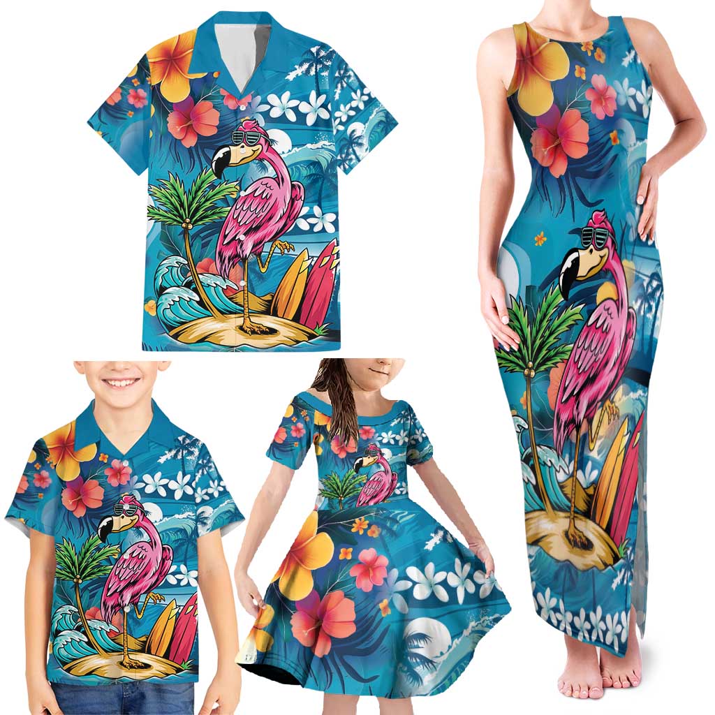 Hawaiian Flamingo Hibiscus Personalised Family Matching Tank Maxi Dress and Hawaiian Shirt Blue Summer Tropical Flowers LT9 - Polynesian Pride
