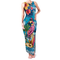 Hawaiian Flamingo Hibiscus Personalised Family Matching Tank Maxi Dress and Hawaiian Shirt Blue Summer Tropical Flowers LT9 Mom's Dress Blue - Polynesian Pride