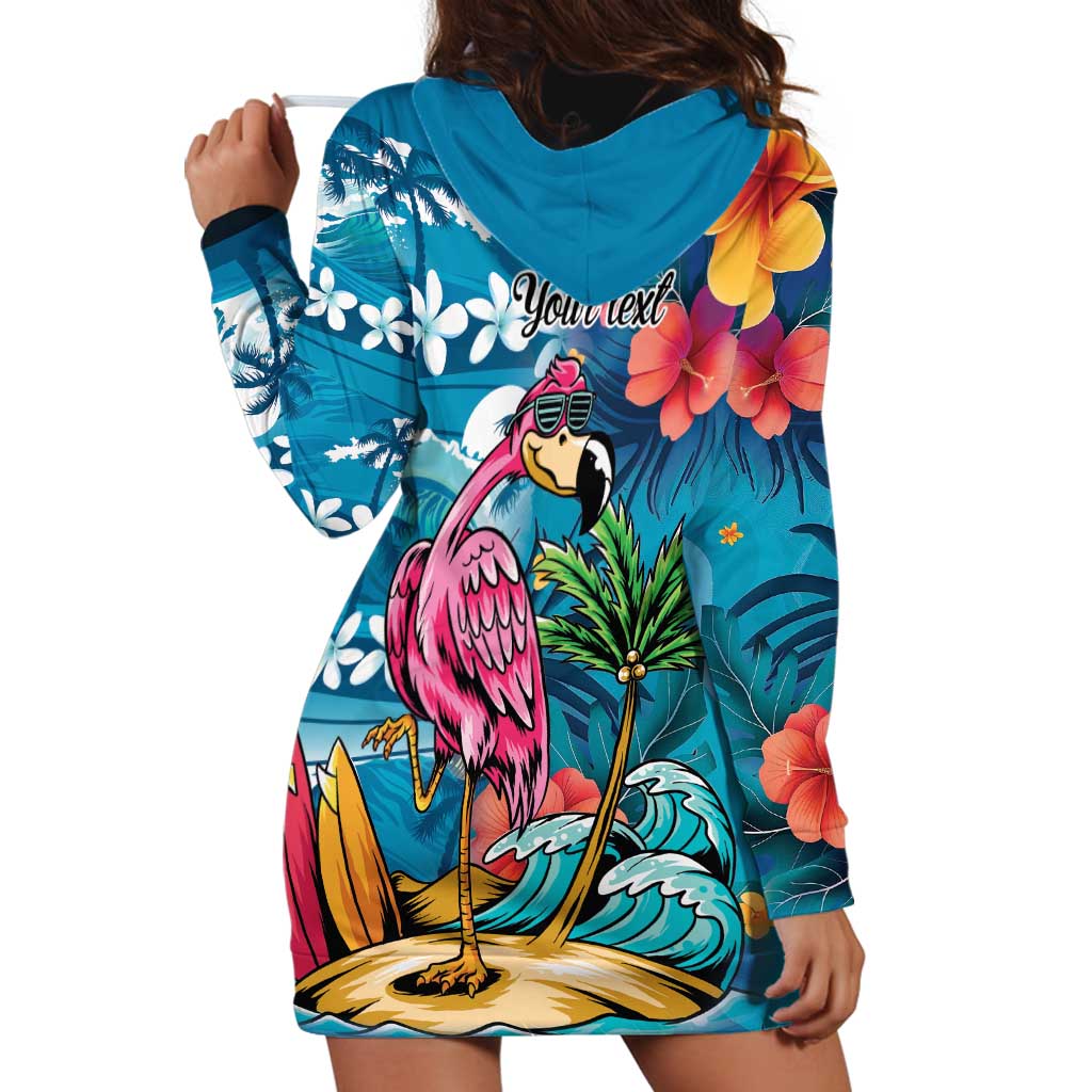 Hawaiian Flamingo Hibiscus Personalised Hoodie Dress Blue Summer Tropical Flowers LT9 - Polynesian Pride
