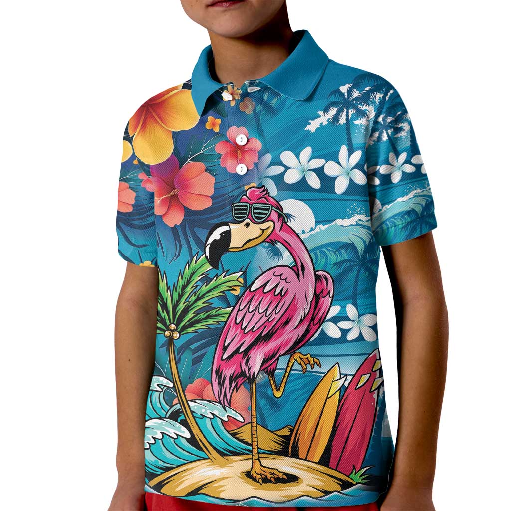 Hawaiian Flamingo Hibiscus Personalised Kid Polo Shirt Blue Summer Tropical Flowers LT9 Kid Blue - Polynesian Pride