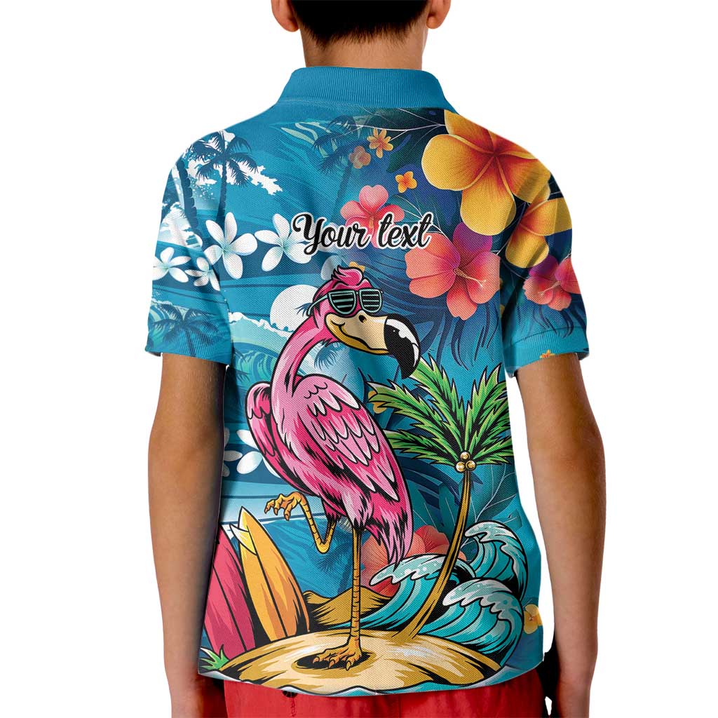 Hawaiian Flamingo Hibiscus Personalised Kid Polo Shirt Blue Summer Tropical Flowers LT9 - Polynesian Pride