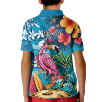 Hawaiian Flamingo Hibiscus Personalised Kid Polo Shirt Blue Summer Tropical Flowers LT9 - Polynesian Pride