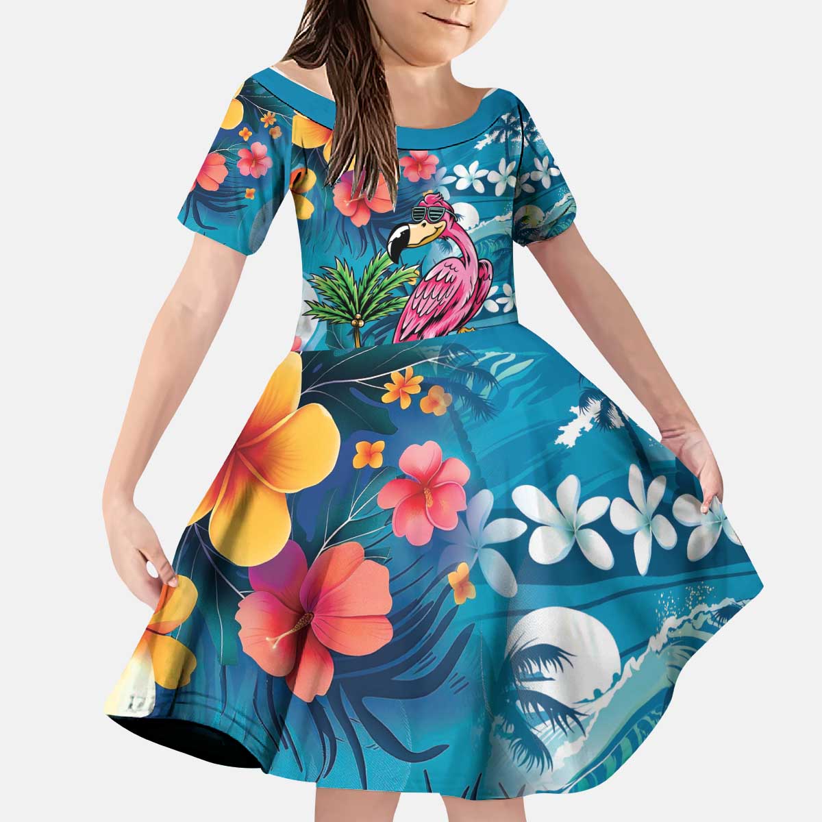 Hawaiian Flamingo Hibiscus Personalised Kid Short Sleeve Dress Blue Summer Tropical Flowers LT9 KID Blue - Polynesian Pride