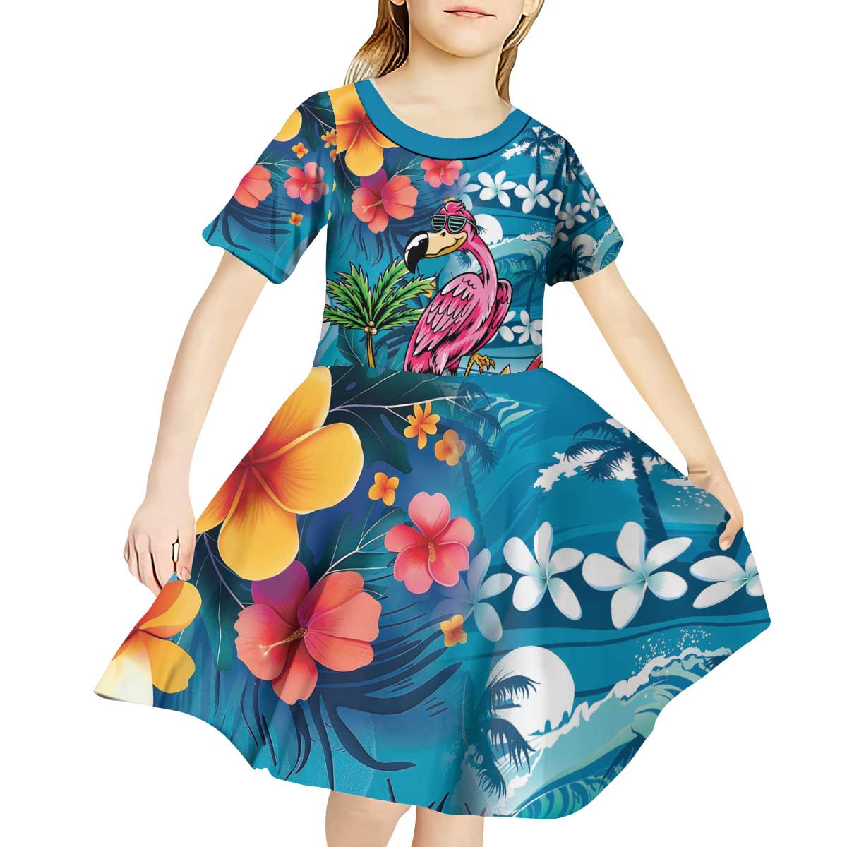Hawaiian Flamingo Hibiscus Personalised Kid Short Sleeve Dress Blue Summer Tropical Flowers LT9 - Polynesian Pride
