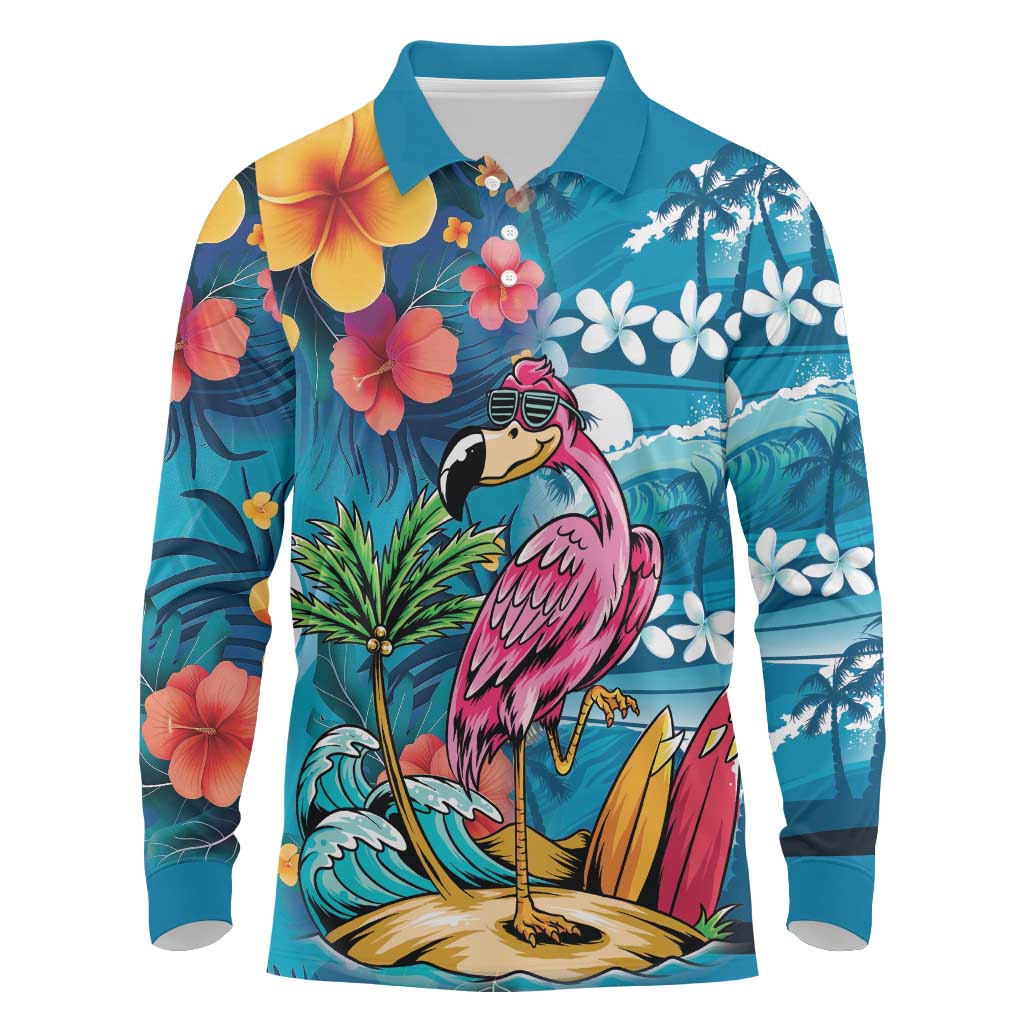 Hawaiian Flamingo Hibiscus Personalised Long Sleeve Polo Shirt Blue Summer Tropical Flowers LT9 Blue - Polynesian Pride