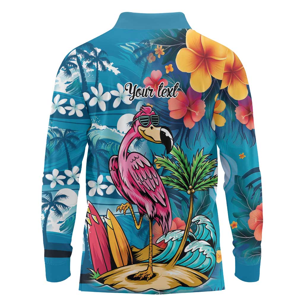 Hawaiian Flamingo Hibiscus Personalised Long Sleeve Polo Shirt Blue Summer Tropical Flowers LT9 - Polynesian Pride