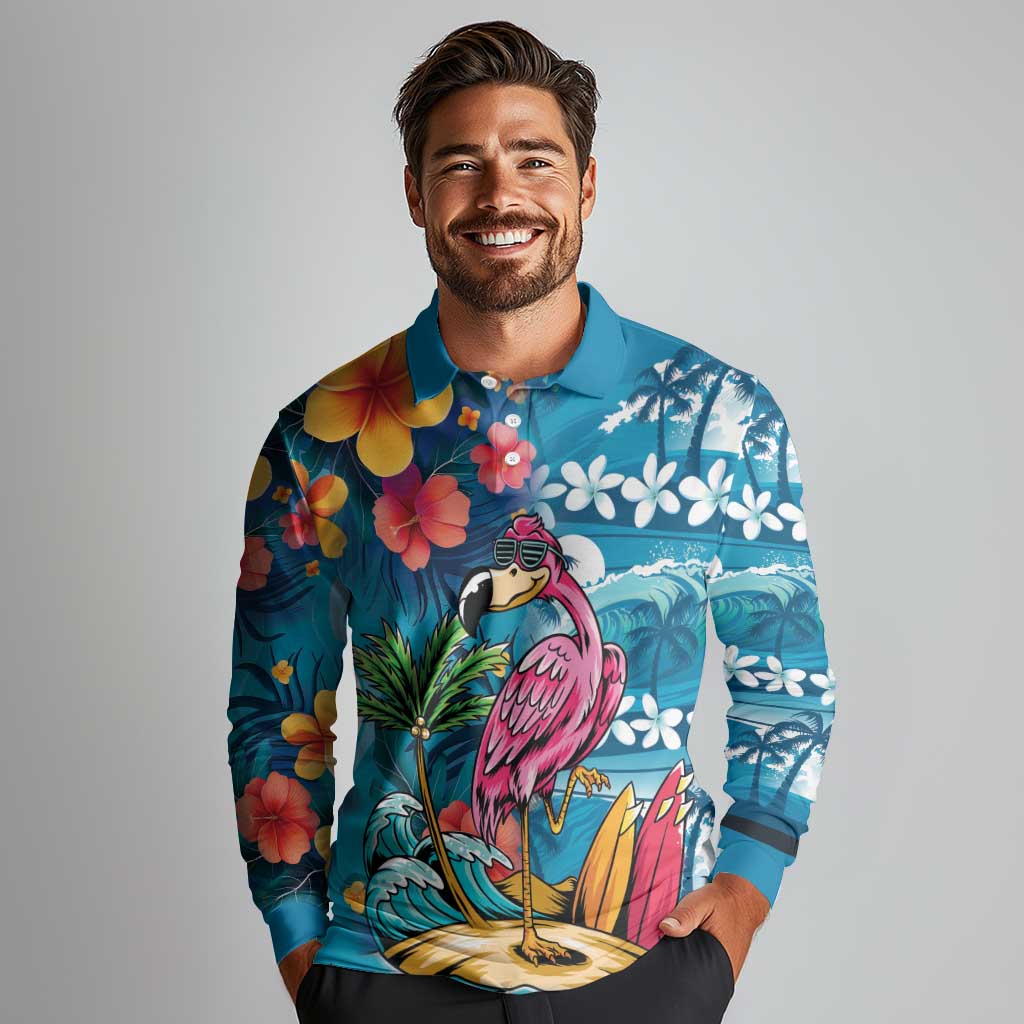 Hawaiian Flamingo Hibiscus Personalised Long Sleeve Polo Shirt Blue Summer Tropical Flowers LT9 - Polynesian Pride