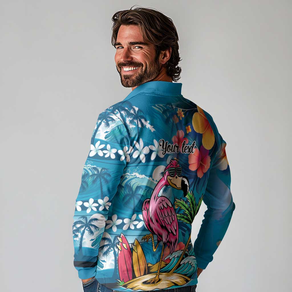 Hawaiian Flamingo Hibiscus Personalised Long Sleeve Polo Shirt Blue Summer Tropical Flowers LT9 - Polynesian Pride