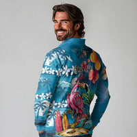 Hawaiian Flamingo Hibiscus Personalised Long Sleeve Polo Shirt Blue Summer Tropical Flowers LT9 - Polynesian Pride