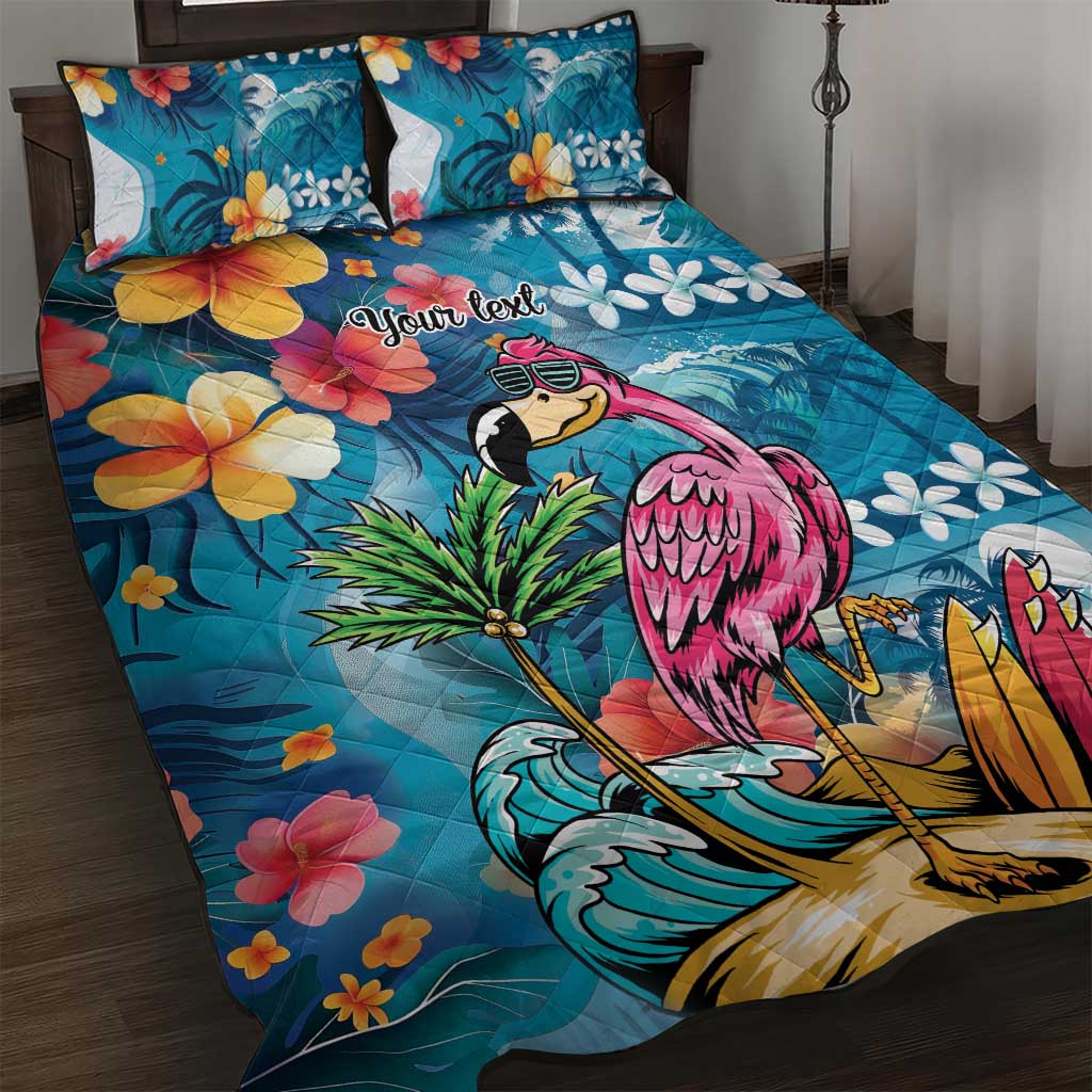 Hawaiian Flamingo Hibiscus Personalised Quilt Bed Set Blue Summer Tropical Flowers LT9 Blue - Polynesian Pride