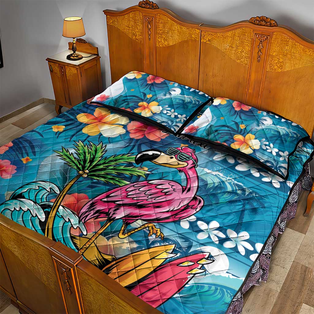 Hawaiian Flamingo Hibiscus Personalised Quilt Bed Set Blue Summer Tropical Flowers LT9 - Polynesian Pride