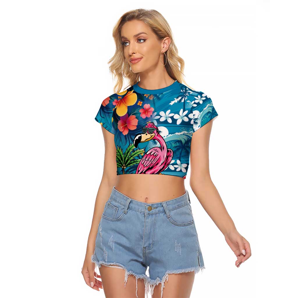 Hawaiian Flamingo Hibiscus Personalised Raglan Cropped T Shirt Blue Summer Tropical Flowers LT9 Female Blue - Polynesian Pride