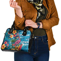 Hawaiian Flamingo Hibiscus Personalised Shoulder Handbag Blue Summer Tropical Flowers - Polynesian Pride
