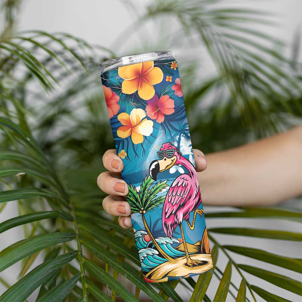 Hawaiian Flamingo Hibiscus Personalised Skinny Tumbler Blue Summer Tropical Flowers LT9 - Polynesian Pride