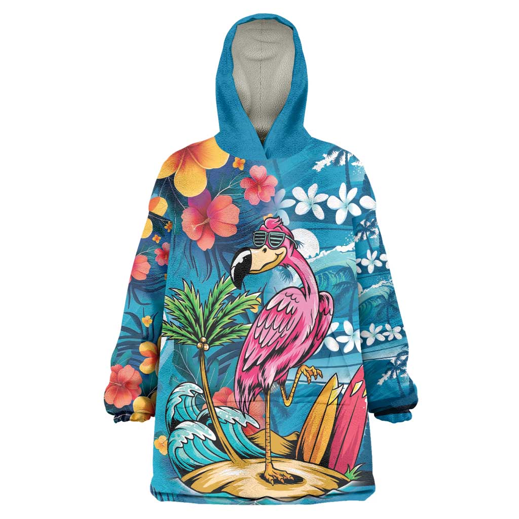 Hawaiian Flamingo Hibiscus Personalised Wearable Blanket Hoodie Blue Summer Tropical Flowers LT9 One Size Blue - Polynesian Pride