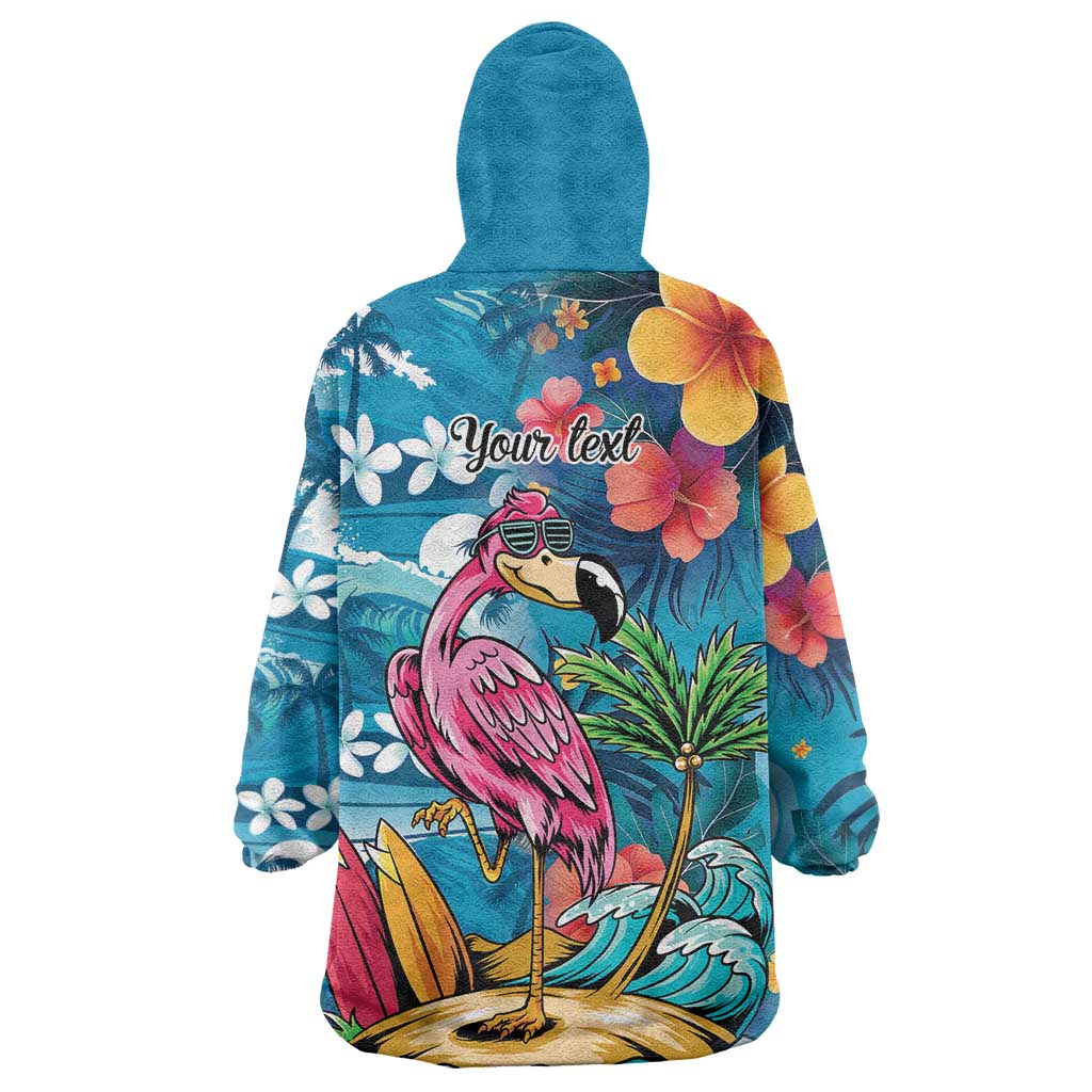 Hawaiian Flamingo Hibiscus Personalised Wearable Blanket Hoodie Blue Summer Tropical Flowers LT9 - Polynesian Pride