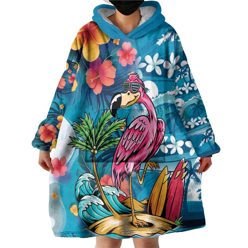 Hawaiian Flamingo Hibiscus Personalised Wearable Blanket Hoodie Blue Summer Tropical Flowers LT9 - Polynesian Pride