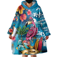 Hawaiian Flamingo Hibiscus Personalised Wearable Blanket Hoodie Blue Summer Tropical Flowers LT9 - Polynesian Pride