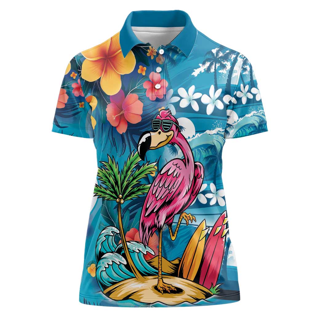 Hawaiian Flamingo Hibiscus Personalised Women Polo Shirt Blue Summer Tropical Flowers LT9 Female Blue - Polynesian Pride