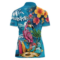 Hawaiian Flamingo Hibiscus Personalised Women Polo Shirt Blue Summer Tropical Flowers LT9 - Polynesian Pride