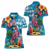 Hawaiian Flamingo Hibiscus Personalised Women Polo Shirt Blue Summer Tropical Flowers LT9 - Polynesian Pride
