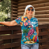 Hawaiian Flamingo Hibiscus Personalised Women Polo Shirt Blue Summer Tropical Flowers LT9 - Polynesian Pride