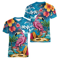 Hawaiian Flamingo Hibiscus Personalised Women V-Neck T-Shirt Blue Summer Tropical Flowers LT9 - Polynesian Pride