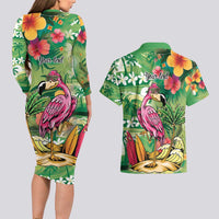 Hawaiian Flamingo Hibiscus Personalised Couples Matching Long Sleeve Bodycon Dress and Hawaiian Shirt Green Summer Tropical Flowers LT9 - Polynesian Pride