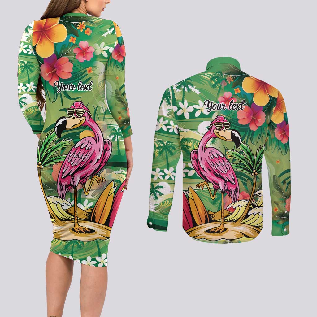 Hawaiian Flamingo Hibiscus Personalised Couples Matching Long Sleeve Bodycon Dress and Long Sleeve Button Shirt Green Summer Tropical Flowers LT9 - Polynesian Pride