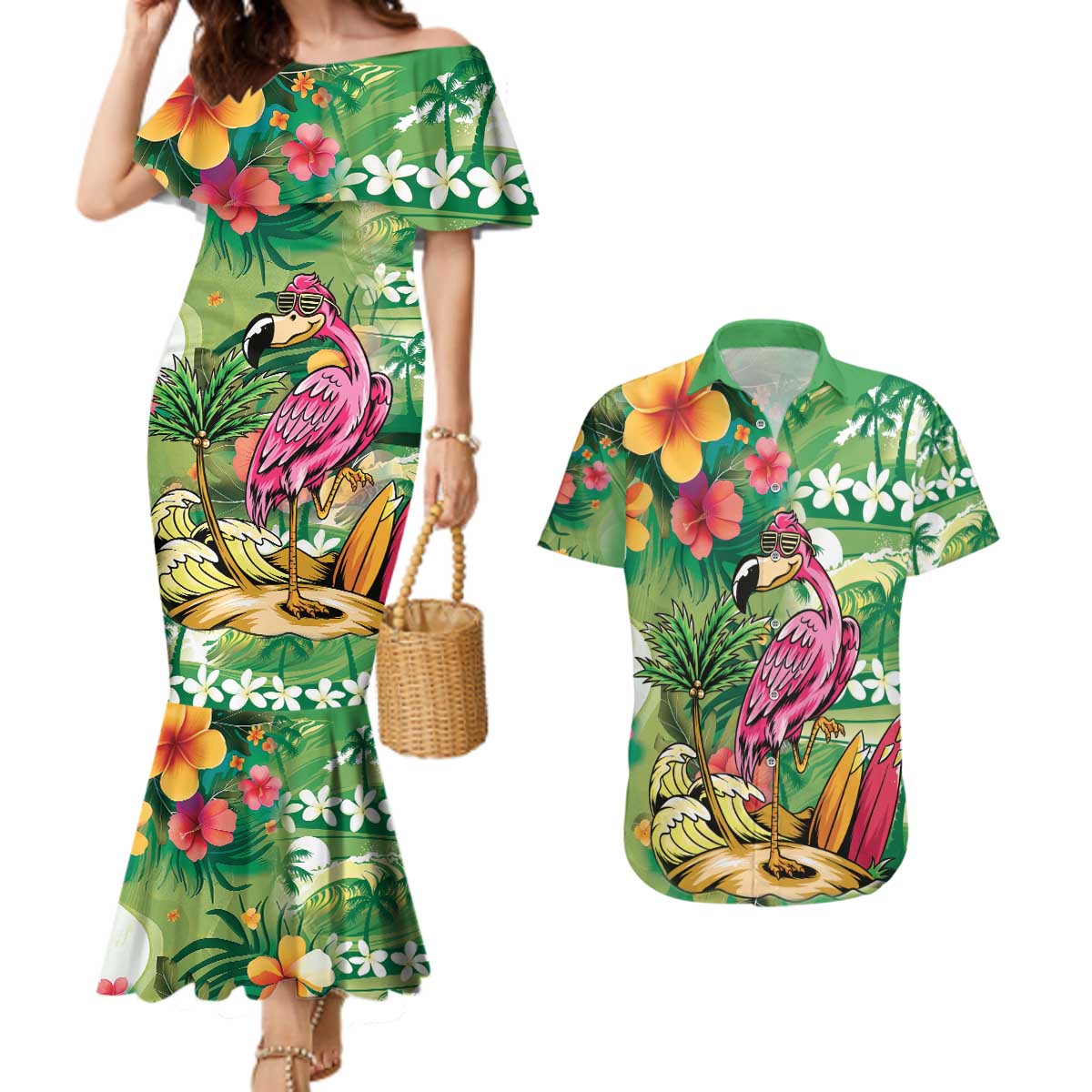 Hawaiian Flamingo Hibiscus Personalised Couples Matching Mermaid Dress and Hawaiian Shirt Green Summer Tropical Flowers LT9 Green - Polynesian Pride
