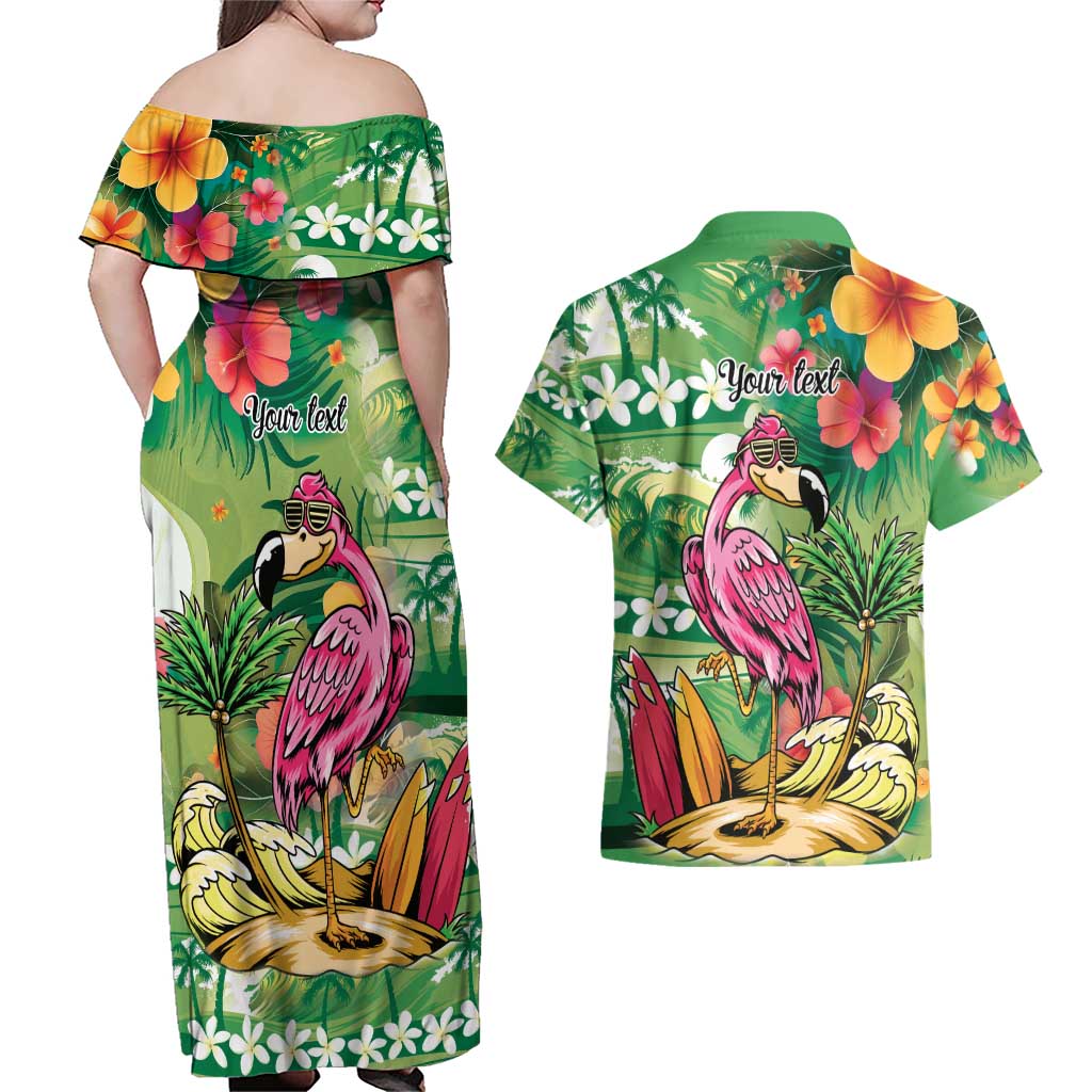 Hawaiian Flamingo Hibiscus Personalised Couples Matching Off Shoulder Maxi Dress and Hawaiian Shirt Green Summer Tropical Flowers LT9 - Polynesian Pride