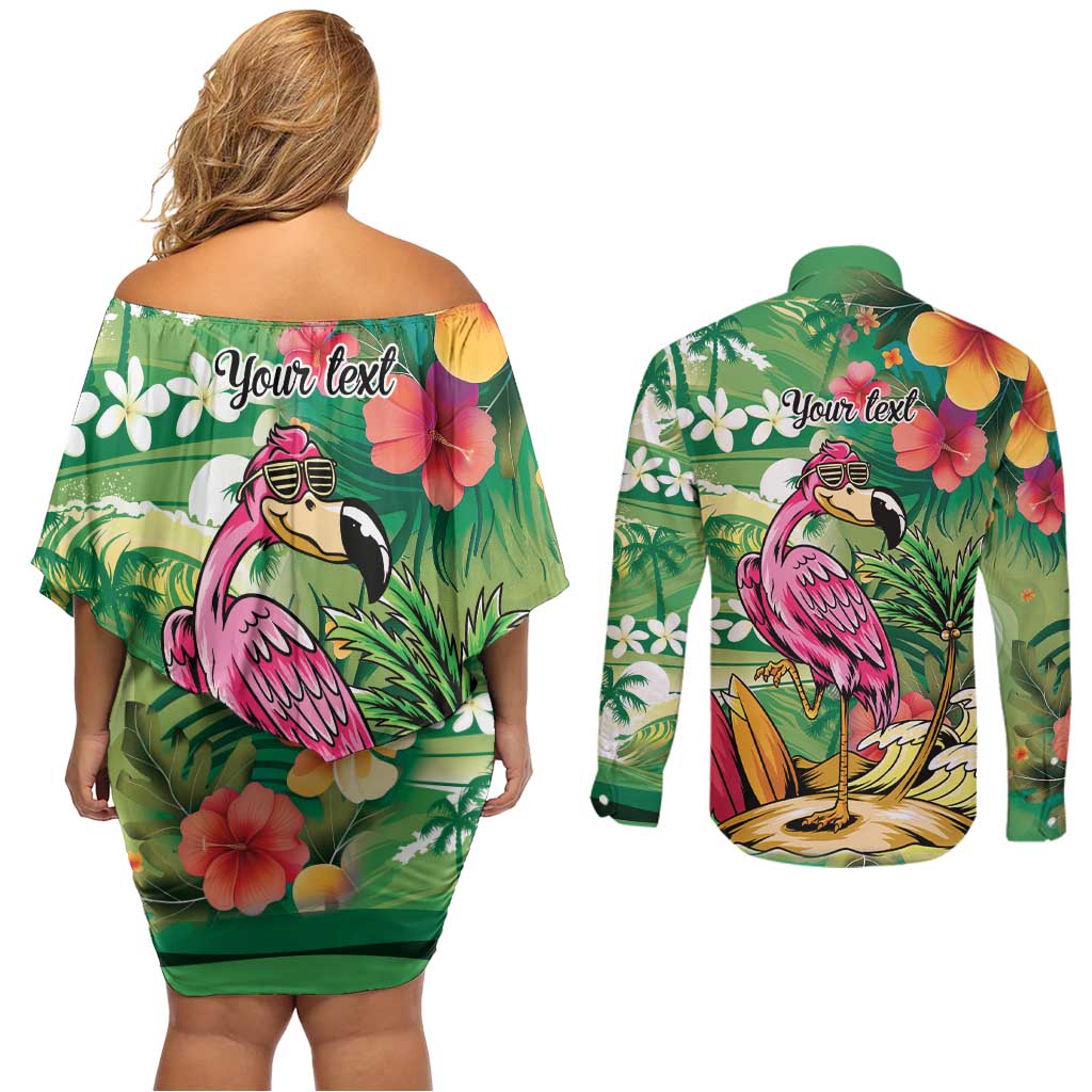 Hawaiian Flamingo Hibiscus Personalised Couples Matching Off Shoulder Short Dress and Long Sleeve Button Shirt Green Summer Tropical Flowers LT9 - Polynesian Pride