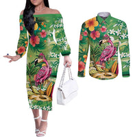 Hawaiian Flamingo Hibiscus Personalised Couples Matching Off The Shoulder Long Sleeve Dress and Long Sleeve Button Shirt Green Summer Tropical Flowers LT9 Green - Polynesian Pride