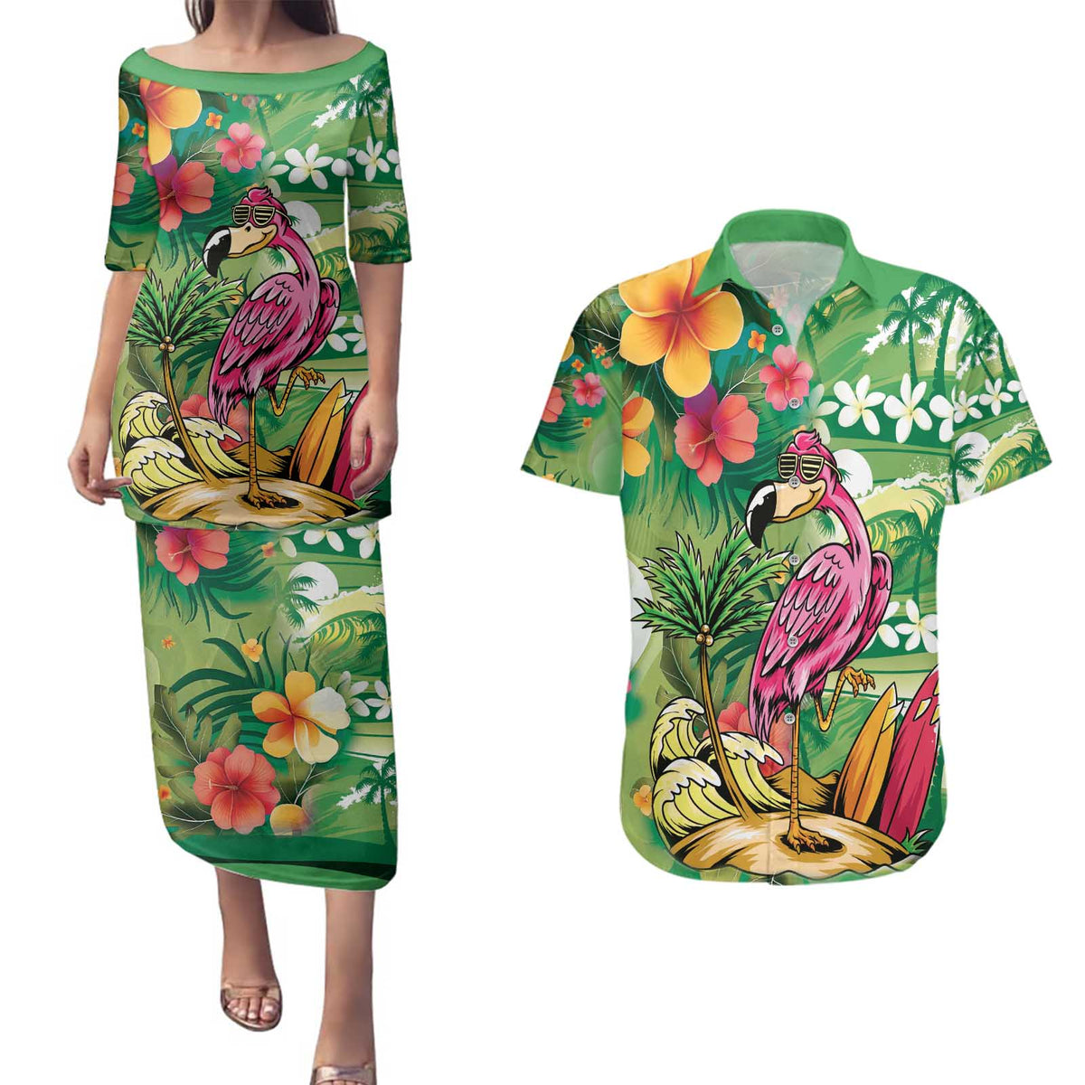 Hawaiian Flamingo Hibiscus Personalised Couples Matching Puletasi and Hawaiian Shirt Green Summer Tropical Flowers LT9 Green - Polynesian Pride