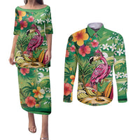 Hawaiian Flamingo Hibiscus Personalised Couples Matching Puletasi and Long Sleeve Button Shirt Green Summer Tropical Flowers LT9 Green - Polynesian Pride