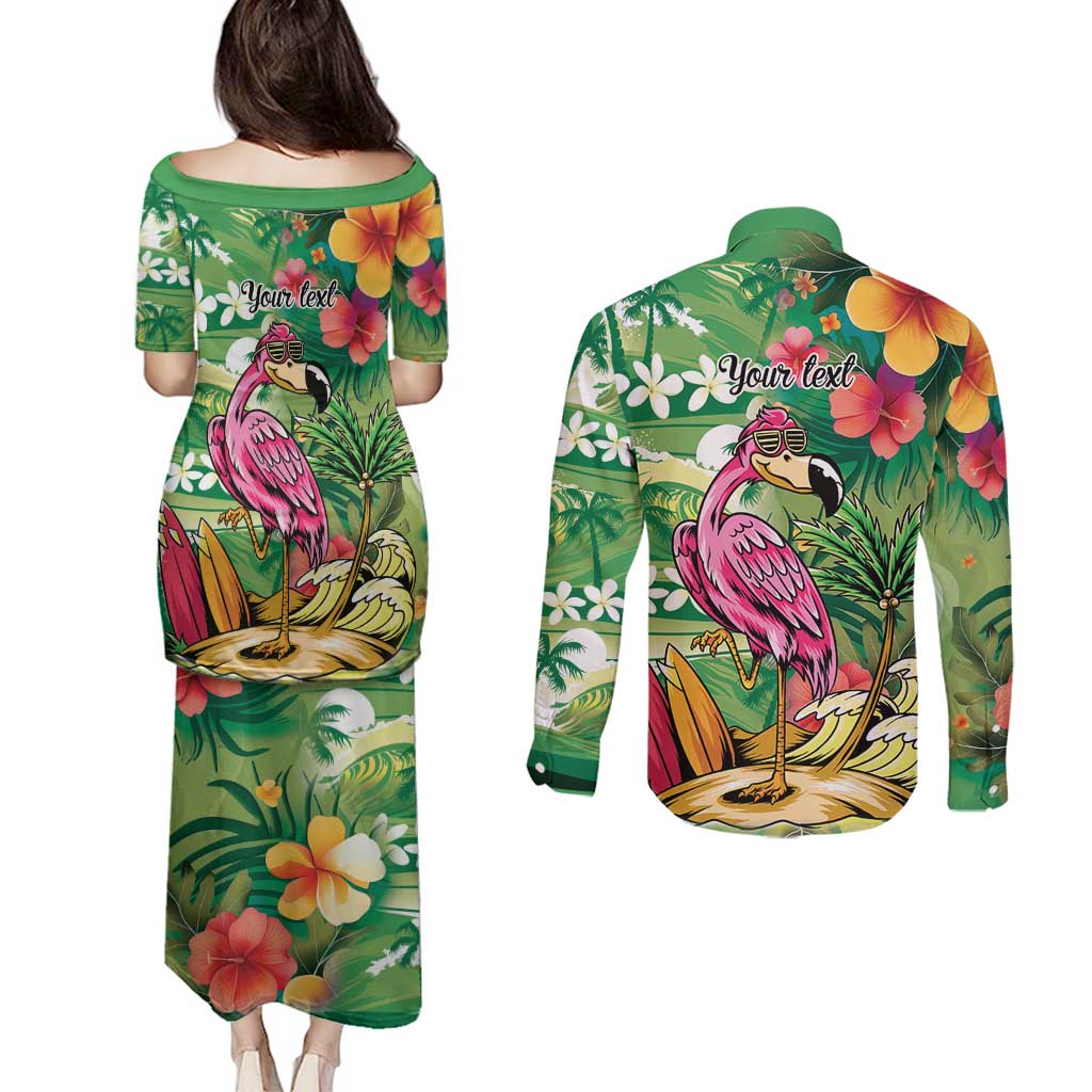 Hawaiian Flamingo Hibiscus Personalised Couples Matching Puletasi and Long Sleeve Button Shirt Green Summer Tropical Flowers LT9 - Polynesian Pride