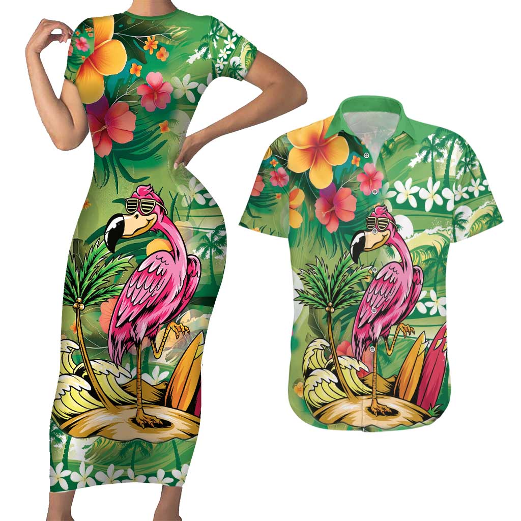 Hawaiian Flamingo Hibiscus Personalised Couples Matching Short Sleeve Bodycon Dress and Hawaiian Shirt Green Summer Tropical Flowers LT9 Green - Polynesian Pride