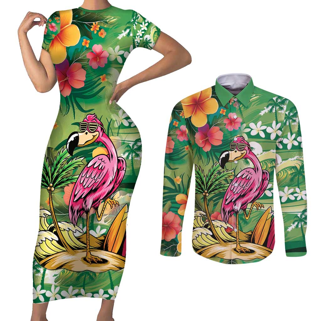 Hawaiian Flamingo Hibiscus Personalised Couples Matching Short Sleeve Bodycon Dress and Long Sleeve Button Shirt Green Summer Tropical Flowers LT9 Green - Polynesian Pride