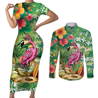 Hawaiian Flamingo Hibiscus Personalised Couples Matching Short Sleeve Bodycon Dress and Long Sleeve Button Shirt Green Summer Tropical Flowers LT9 Green - Polynesian Pride