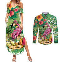 Hawaiian Flamingo Hibiscus Personalised Couples Matching Summer Maxi Dress and Long Sleeve Button Shirt Green Summer Tropical Flowers LT9 Green - Polynesian Pride