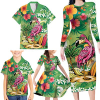 Hawaiian Flamingo Hibiscus Personalised Family Matching Long Sleeve Bodycon Dress and Hawaiian Shirt Green Summer Tropical Flowers LT9 - Polynesian Pride