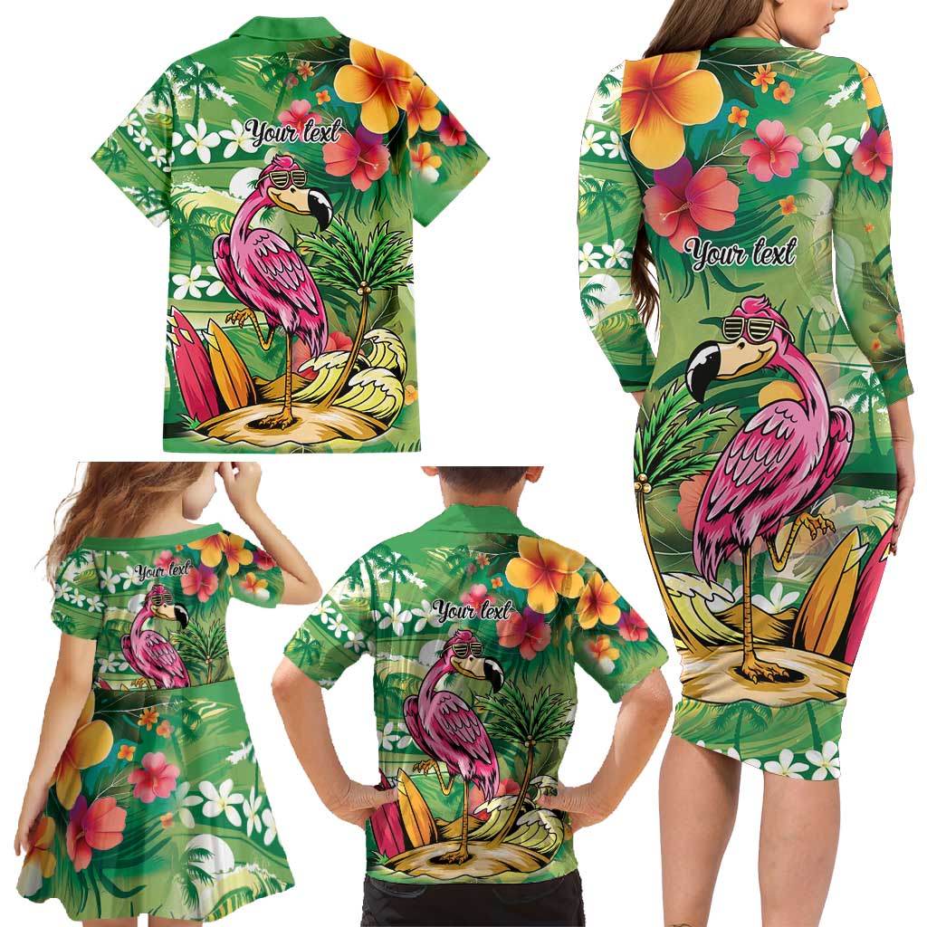 Hawaiian Flamingo Hibiscus Personalised Family Matching Long Sleeve Bodycon Dress and Hawaiian Shirt Green Summer Tropical Flowers LT9 - Polynesian Pride