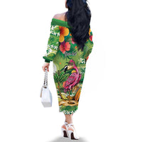 Hawaiian Flamingo Hibiscus Personalised Family Matching Off The Shoulder Long Sleeve Dress and Hawaiian Shirt Green Summer Tropical Flowers LT9 - Polynesian Pride