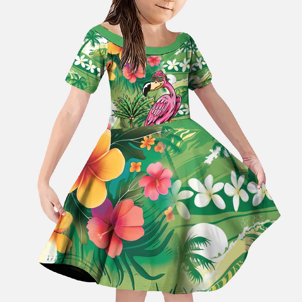 Hawaiian Flamingo Hibiscus Personalised Family Matching Off Shoulder Maxi Dress and Hawaiian Shirt Green Summer Tropical Flowers LT9 Daughter's Dress Green - Polynesian Pride