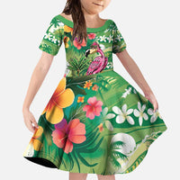 Hawaiian Flamingo Hibiscus Personalised Family Matching Off Shoulder Maxi Dress and Hawaiian Shirt Green Summer Tropical Flowers LT9 Daughter's Dress Green - Polynesian Pride