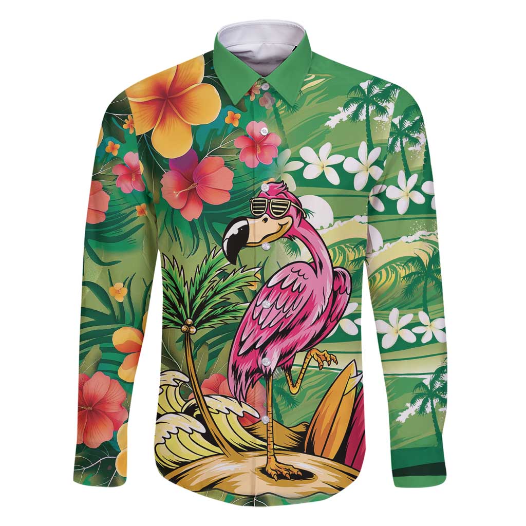 Hawaiian Flamingo Hibiscus Personalised Family Matching Off Shoulder Maxi Dress and Hawaiian Shirt Green Summer Tropical Flowers LT9 Dad's Shirt - Long Sleeve Green - Polynesian Pride