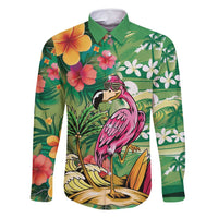 Hawaiian Flamingo Hibiscus Personalised Family Matching Off Shoulder Maxi Dress and Hawaiian Shirt Green Summer Tropical Flowers LT9 Dad's Shirt - Long Sleeve Green - Polynesian Pride
