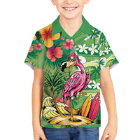 Hawaiian Flamingo Hibiscus Personalised Family Matching Off Shoulder Maxi Dress and Hawaiian Shirt Green Summer Tropical Flowers LT9 Son's Shirt Green - Polynesian Pride