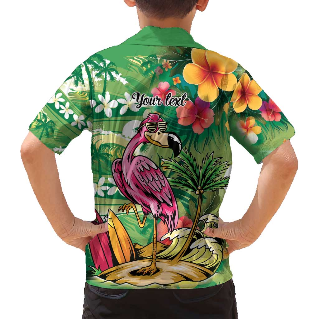 Hawaiian Flamingo Hibiscus Personalised Family Matching Off Shoulder Short Dress and Hawaiian Shirt Green Summer Tropical Flowers LT9 - Polynesian Pride