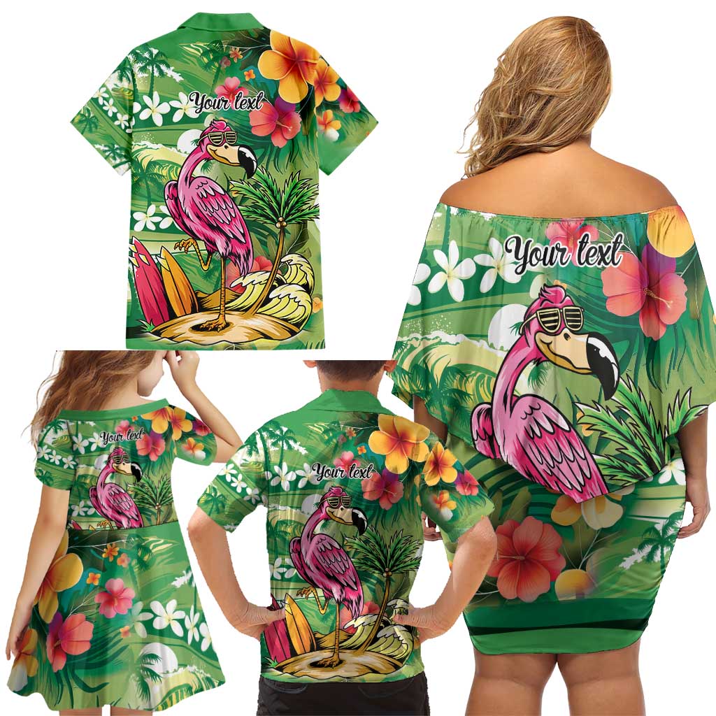 Hawaiian Flamingo Hibiscus Personalised Family Matching Off Shoulder Short Dress and Hawaiian Shirt Green Summer Tropical Flowers LT9 - Polynesian Pride